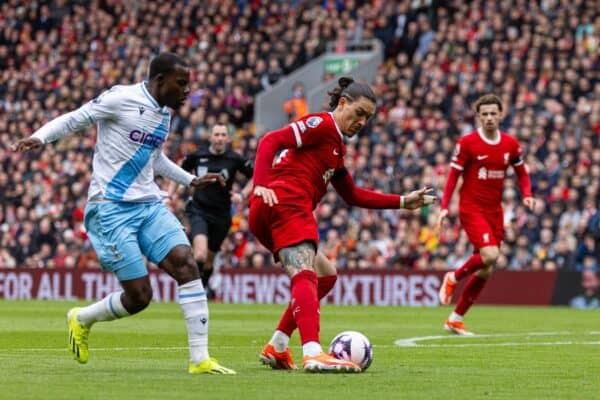 LIVERPOOL, ENGLAND - Sunday, April 14, 2024: Liverpool's Darwin Núñez during the FA Premier League match between Liverpool FC and Crystal Palace FC at Anfield. (Photo by David Rawcliffe/Propaganda)