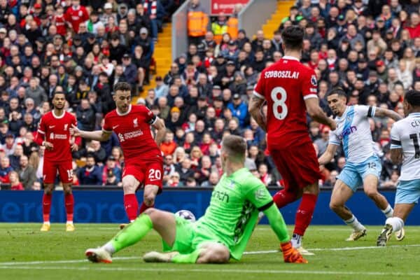 LIVERPOOL, ENGLAND - Sunday, April 14, 2024: Liverpool's Diogo Jota sees his shot blocked during the FA Premier League match between Liverpool FC and Crystal Palace FC at Anfield. (Photo by David Rawcliffe/Propaganda)