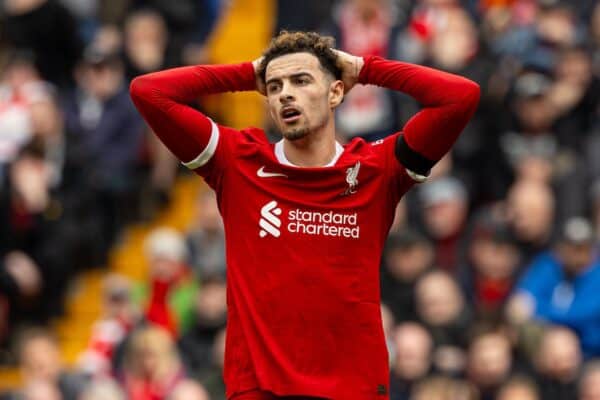 LIVERPOOL, ENGLAND - Sunday, April 14, 2024: Liverpool's Curtis Jones reacts after missing a chance during the FA Premier League match between Liverpool FC and Crystal Palace FC at Anfield. (Photo by David Rawcliffe/Propaganda)