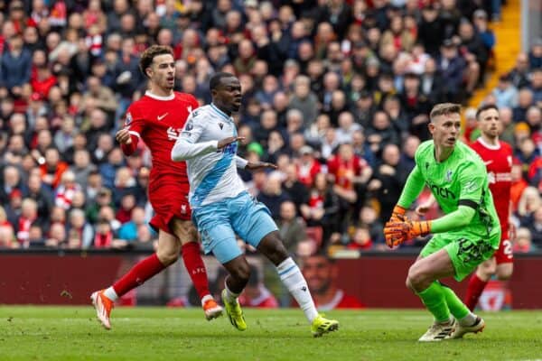 LIVERPOOL, ENGLAND - Sunday, April 14, 2024: Liverpool's Curtis Jones shoots wide during the FA Premier League match between Liverpool FC and Crystal Palace FC at Anfield. (Photo by David Rawcliffe/Propaganda)