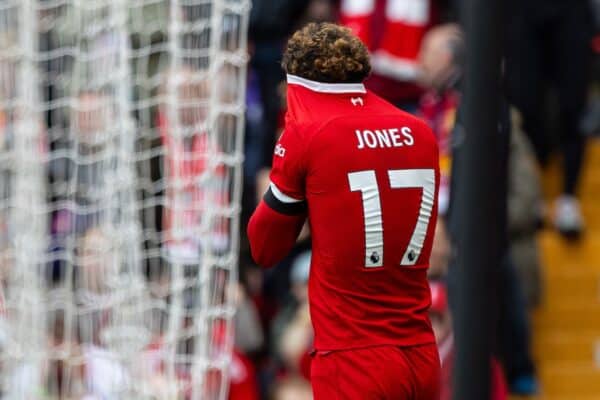 LIVERPOOL, ENGLAND - Sunday, April 14, 2024: Liverpool's Curtis Jones reacts after missing a chance during the FA Premier League match between Liverpool FC and Crystal Palace FC at Anfield. (Photo by David Rawcliffe/Propaganda)