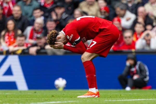 LIVERPOOL, ENGLAND - Sunday, April 14, 2024: Liverpool's Curtis Jones reacts after missing a chance during the FA Premier League match between Liverpool FC and Crystal Palace FC at Anfield. (Photo by David Rawcliffe/Propaganda)