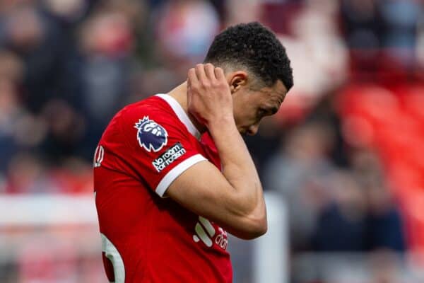 LIVERPOOL, ENGLAND - Sunday, April 14, 2024: Liverpool's Trent Alexander-Arnold looks dejected after the FA Premier League match between Liverpool FC and Crystal Palace FC at Anfield. Crystal Palace won 1-0. (Photo by David Rawcliffe/Propaganda)