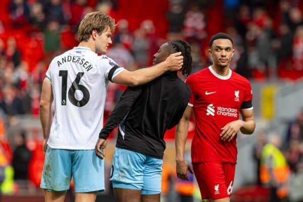  Liverpool's Trent Alexander-Arnold (R) looks dejected after the FA Premier League match between Liverpool FC and Crystal Palace FC at Anfield. Crystal Palace won 1-0. (Photo by David Rawcliffe/Propaganda)