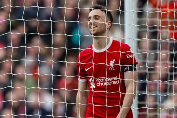 LIVERPOOL, ENGLAND - Sunday, April 14, 2024: Liverpool's Diogo Jota reacts after missing a chance during the FA Premier League match between Liverpool FC and Crystal Palace FC at Anfield. (Photo by David Rawcliffe/Propaganda)