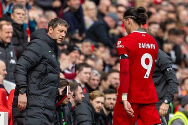 LIVERPOOL, ENGLAND - Sunday, April 14, 2024: Liverpool's Darwin Núñez walks off as he is substituted during the FA Premier League match between Liverpool FC and Crystal Palace FC at Anfield. (Photo by David Rawcliffe/Propaganda)