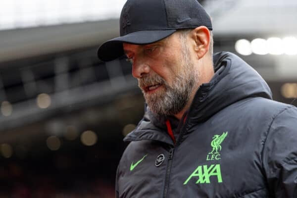 LIVERPOOL, ENGLAND - Sunday, April 14, 2024: Liverpool's manager Jürgen Klopp before the FA Premier League match between Liverpool FC and Crystal Palace FC at Anfield. (Photo by David Rawcliffe/Propaganda)
