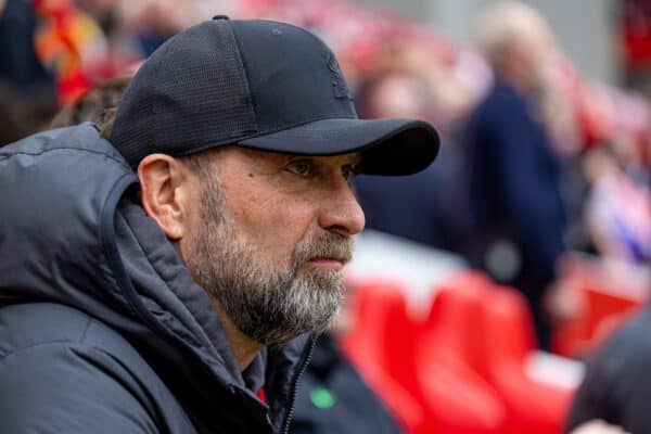 LIVERPOOL, ENGLAND - Sunday, April 14, 2024: Liverpool's manager Jürgen Klopp before the FA Premier League match between Liverpool FC and Crystal Palace FC at Anfield. (Photo by David Rawcliffe/Propaganda)