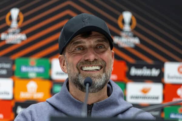 BERGAMO, ITALY - Wednesday, April 17, 2024: Liverpool's manager Jürgen Klopp during a press conference at the Stadio Atleti Azzurri d'Italia ahead of the UEFA Europa League Quarter-Final 2nd Leg match between BC Atalanta and Liverpool FC. (Photo by David Rawcliffe/Propaganda)