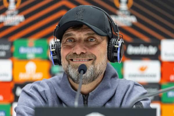 BERGAMO, ITALY - Wednesday, April 17, 2024: Liverpool's manager Jürgen Klopp during a press conference at the Stadio Atleti Azzurri d'Italia ahead of the UEFA Europa League Quarter-Final 2nd Leg match between BC Atalanta and Liverpool FC. (Photo by David Rawcliffe/Propaganda)