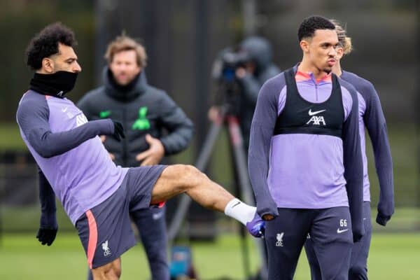 LIVERPOOL, ENGLAND - Wednesday, April 17, 2024: Liverpool's Mohamed Salah (L) jokes with teammate Trent Alexander-Arnold during a training session at the AXA Training Centre ahead of the UEFA Europa League Quarter-Final 2nd Leg match between BC Atalanda and Liverpool FC. (Photo by Jessica Hornby/Propaganda)