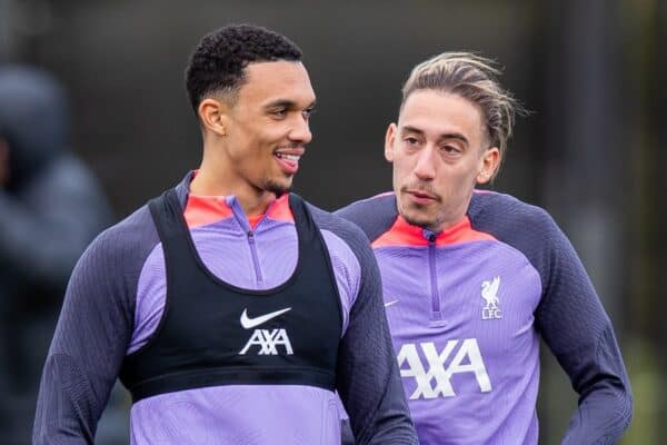 LIVERPOOL, ENGLAND - Wednesday, April 17, 2024: Liverpool's Trent Alexander-Arnold (L) and Kostas Tsimikas during a training session at the AXA Training Centre ahead of the UEFA Europa League Quarter-Final 2nd Leg match between BC Atalanda and Liverpool FC. (Photo by Jessica Hornby/Propaganda)