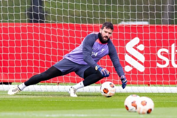 LIVERPOOL, ENGLAND - Wednesday, April 17, 2024: Liverpool's goalkeeper Alisson Becker during a training session at the AXA Training Centre ahead of the UEFA Europa League Quarter-Final 2nd Leg match between BC Atalanda and Liverpool FC. (Photo by Jessica Hornby/Propaganda)