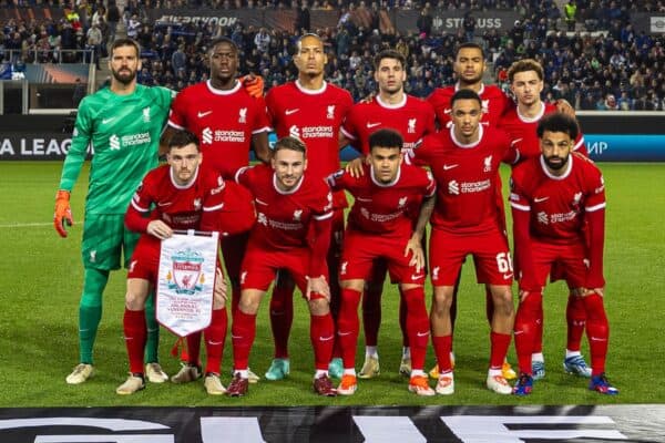 BERGAMO, ITALY - Thursday, April 18, 2024: Liverpool players line-up for a team group photograph before the UEFA Europa League Quarter-Final 2nd Leg match between BC Atalanta and Liverpool FC at the Stadio Atleti Azzurri d'Italia. (Photo by David Rawcliffe/Propaganda)