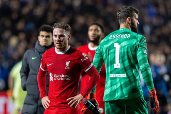  Liverpool's Alexis Mac Allister (L) and goalkeeper Alisson Becker looks dejected after the UEFA Europa League Quarter-Final 2nd Leg match between BC Atalanta and Liverpool FC at the Stadio Atleti Azzurri d'Italia. (Photo by David Rawcliffe/Propaganda)