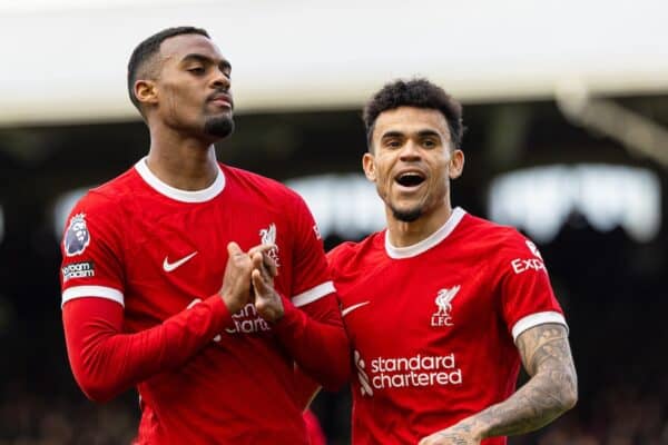  Liverpool's Ryan Gravenberch (L) celebrates with team-mate Luis Díaz after scoring the second goal during the FA Premier League match between Fulham FC and Liverpool FC at Craven Cottage. (Photo by David Rawcliffe/Propaganda)