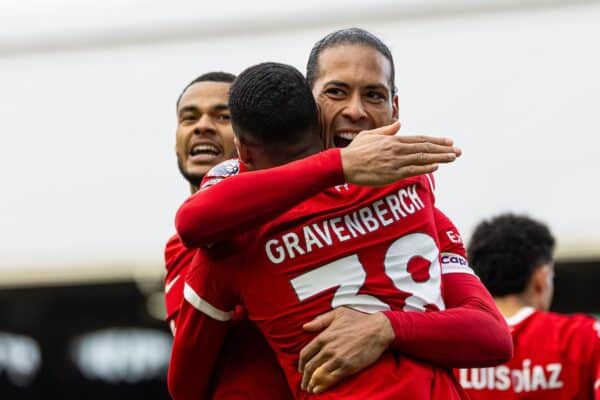 LONDON, ENGLAND - Sunday, April 21, 2024: Liverpool's Ryan Gravenberch (#38) celebrates with team-mates after scoring the second goal during the FA Premier League match between Fulham FC and Liverpool FC at Craven Cottage. (Photo by David Rawcliffe/Propaganda)