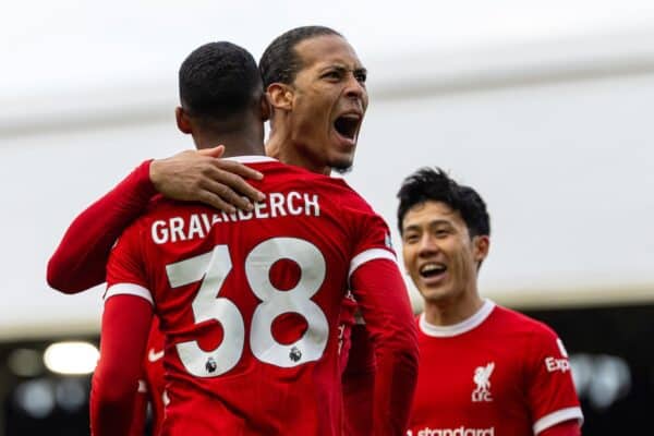 LONDON, ENGLAND - Sunday, April 21, 2024: Liverpool's Ryan Gravenberch (#38) celebrates with team-mate captain Virgil van Dijk after scoring the second goal during the FA Premier League match between Fulham FC and Liverpool FC at Craven Cottage. (Photo by David Rawcliffe/Propaganda)