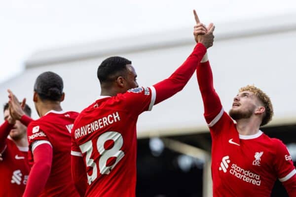 LONDON, ENGLAND - Sunday, April 21, 2024: Liverpool's Ryan Gravenberch (L) celebrates with team-mate Harvey Elliott after scoring the second goal during the FA Premier League match between Fulham FC and Liverpool FC at Craven Cottage. (Photo by David Rawcliffe/Propaganda)