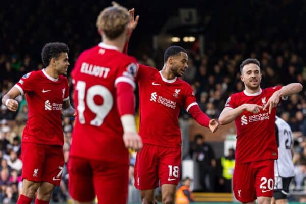 LONDON, ENGLAND - Sunday, April 21, 2024: Liverpool's Diogo Jota celebrates after scoring the third goal during the FA Premier League match between Fulham FC and Liverpool FC at Craven Cottage. (Photo by David Rawcliffe/Propaganda)