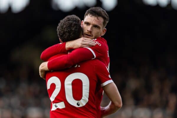 LONDON, ENGLAND - Sunday, April 21, 2024: Liverpool's Diogo Jota (L) celebrates with team-mate Andy Robertson after scoring the third goal during the FA Premier League match between Fulham FC and Liverpool FC at Craven Cottage. (Photo by David Rawcliffe/Propaganda)
