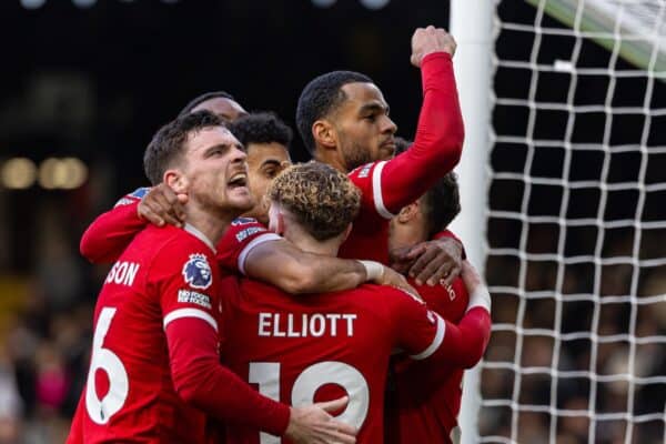  Liverpool's Diogo Jota celebrates after scoring the third goal during the FA Premier League match between Fulham FC and Liverpool FC at Craven Cottage. (Photo by David Rawcliffe/Propaganda)