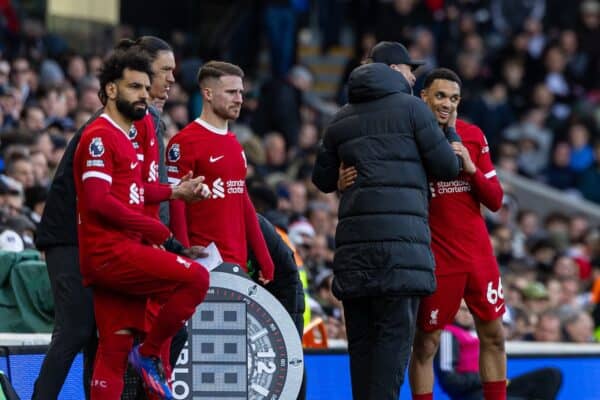 LONDON, ENGLAND - Sunday, April 21, 2024: Liverpool's manager Jürgen Klopp embraces Trent Alexander-Arnold during the FA Premier League match between Fulham FC and Liverpool FC at Craven Cottage. (Photo by David Rawcliffe/Propaganda)