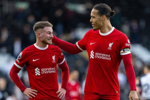 LONDON, ENGLAND - Sunday, April 21, 2024: Liverpool's Alexis Mac Allister (L) and captain Virgil van Dijk celebrate after the FA Premier League match between Fulham FC and Liverpool FC at Craven Cottage. Liverpool won 3-1. (Photo by David Rawcliffe/Propaganda)