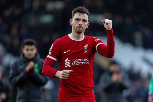 LONDON, ENGLAND - Sunday, April 21, 2024: Liverpool's Andy Robertson celebrates after the FA Premier League match between Fulham FC and Liverpool FC at Craven Cottage. Liverpool won 3-1. (Photo by David Rawcliffe/Propaganda)
