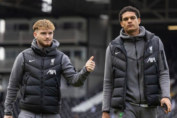 LONDON, ENGLAND - Sunday, April 21, 2024: Liverpool's Harvey Elliott (L) and Jarell Quansah before the FA Premier League match between Fulham FC and Liverpool FC at Craven Cottage. (Photo by David Rawcliffe/Propaganda)