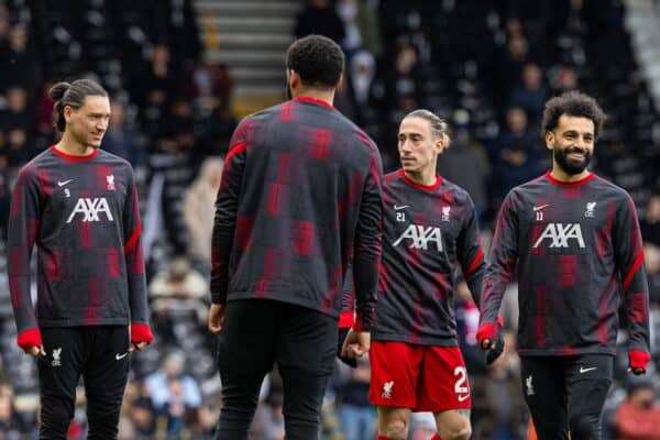 LONDON, ENGLAND - Sunday, April 21, 2024: Liverpool's substitute Mohamed Salah during the pre-match warm-up before the FA Premier League match between Fulham FC and Liverpool FC at Craven Cottage. (Photo by David Rawcliffe/Propaganda)