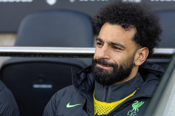 LONDON, ENGLAND - Sunday, April 21, 2024: Mohamed Salah on bench as substitute vs. Fulham