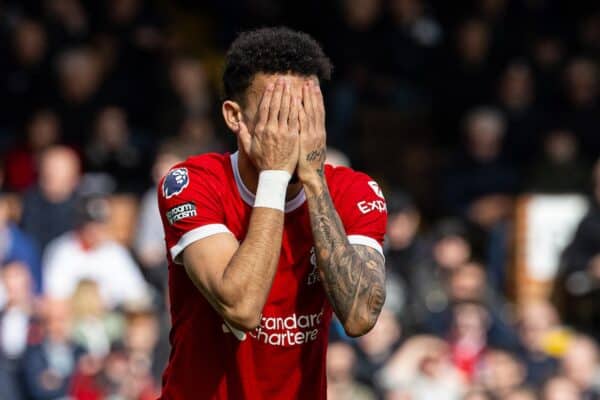  Liverpool's Luis Díaz reacts after missing a chance during the FA Premier League match between Fulham FC and Liverpool FC at Craven Cottage. (Photo by David Rawcliffe/Propaganda)