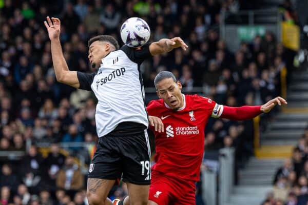 LONDON, ENGLAND - Sunday, April 21, 2024: Liverpool's captain Virgil van Dijk (R) challenges for a header with Fulham's Rodrigo Muniz during the FA Premier League match between Fulham FC and Liverpool FC at Craven Cottage. (Photo by David Rawcliffe/Propaganda)