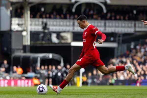 LONDON, ENGLAND - Sunday, April 21, 2024: Liverpool's Trent Alexander-Arnold scores the first goal from a free-kick during the FA Premier League match between Fulham FC and Liverpool FC at Craven Cottage. (Photo by David Rawcliffe/Propaganda)