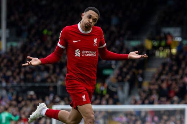 LONDON, ENGLAND - Sunday, April 21, 2024: Liverpool's Trent Alexander-Arnold celebrates after scoring the first goal during the FA Premier League match between Fulham FC and Liverpool FC at Craven Cottage. (Photo by David Rawcliffe/Propaganda)