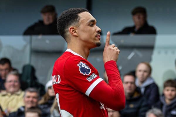 LONDON, ENGLAND - Sunday, April 21, 2024: Liverpool's Trent Alexander-Arnold celebrates after scoring the first goal during the FA Premier League match between Fulham FC and Liverpool FC at Craven Cottage. (Photo by David Rawcliffe/Propaganda)