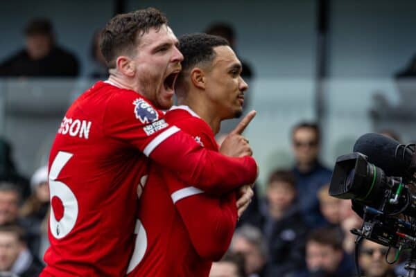  Liverpool's Trent Alexander-Arnold (R) celebrates with team-mate Andy Robertson after scoring the first goal during the FA Premier League match between Fulham FC and Liverpool FC at Craven Cottage. (Photo by David Rawcliffe/Propaganda)