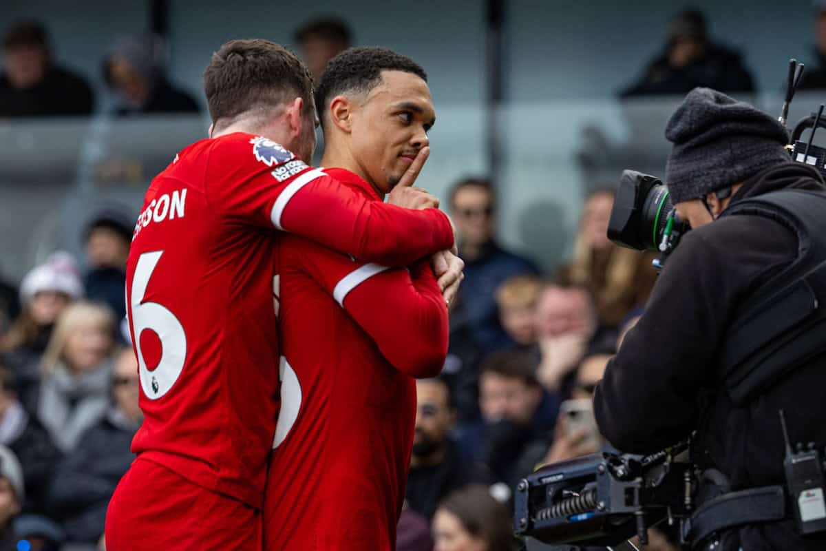 LONDON, ENGLAND - Sunday, April 21, 2024: Liverpool's Trent Alexander-Arnold (R) celebrates with team-mate Andy Robertson after scoring the first goal during the FA Premier League match between Fulham FC and Liverpool FC at Craven Cottage. (Photo by David Rawcliffe/Propaganda)