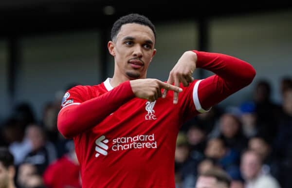 LONDON, ENGLAND - Sunday, April 21, 2024: Liverpool's Trent Alexander-Arnold celebrates after scoring the first goal during the FA Premier League match between Fulham FC and Liverpool FC at Craven Cottage. (Photo by David Rawcliffe/Propaganda)