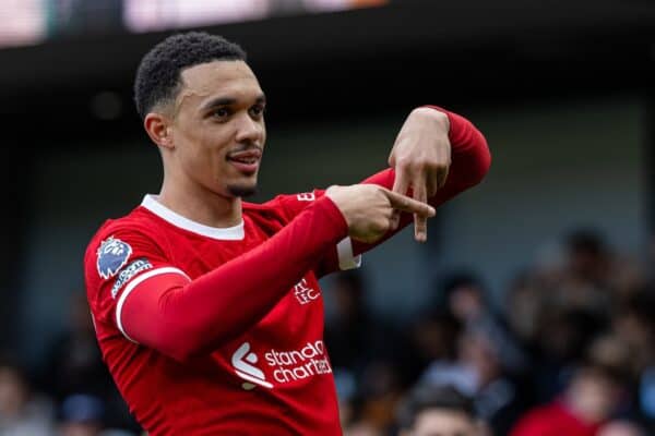  Liverpool's Trent Alexander-Arnold celebrates after scoring the first goal during the FA Premier League match between Fulham FC and Liverpool FC at Craven Cottage. (Photo by David Rawcliffe/Propaganda)