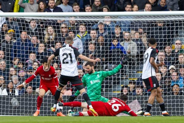 LONDON, ENGLAND - Sunday, April 21, 2024: Fulham's Timothy Castagne scores the first equalising goal during the FA Premier League match between Fulham FC and Liverpool FC at Craven Cottage. (Photo by David Rawcliffe/Propaganda)