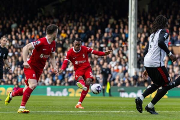 LONDON, ENGLAND - Sunday, April 21, 2024: Liverpool's Ryan Gravenberch scores the second goal during the FA Premier League match between Fulham FC and Liverpool FC at Craven Cottage. (Photo by David Rawcliffe/Propaganda)