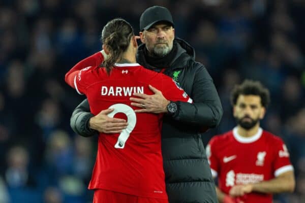  Liverpool's manager Jürgen Klopp embraces Darwin Núñez after the FA Premier League match between Everton FC and Liverpool FC, the 244th Merseyside Derby, at Goodison Park. Everton won 2-0. (Photo by David Rawcliffe/Propaganda)