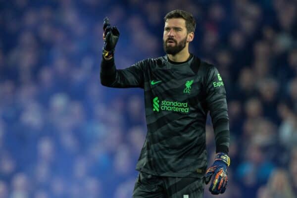  Liverpool's goalkeeper Alisson Becker during the FA Premier League match between Everton FC and Liverpool FC, the 244th Merseyside Derby, at Goodison Park. (Photo by David Rawcliffe/Propaganda)