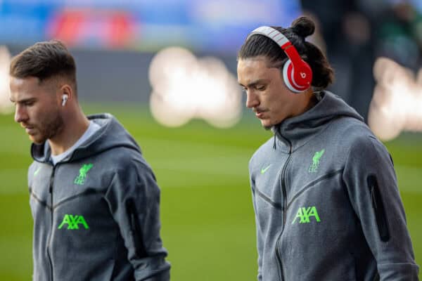 LIVERPOOL, ENGLAND - Wednesday, April 24, 2024: Liverpool's Darwin Núñez (R) and Alexis Mac Allister arrive before the FA Premier League match between Everton FC and Liverpool FC, the 244th Merseyside Derby, at Goodison Park. (Photo by David Rawcliffe/Propaganda)