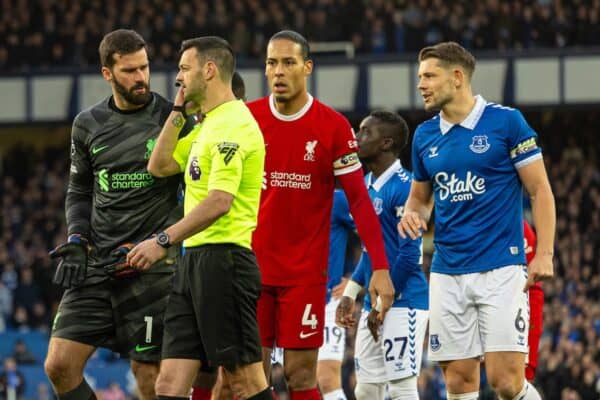 LIVERPOOL, ENGLAND - Wednesday, April 24, 2024: Referee Andrew Madley cancels Everton's penalty during the FA Premier League match between Everton FC and Liverpool FC, the 244th Merseyside Derby, at Goodison Park. (Photo by David Rawcliffe/Propaganda)