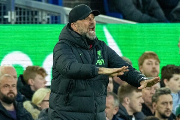 LIVERPOOL, ENGLAND - Wednesday, April 24, 2024: Liverpool's manager Jürgen Klopp during the FA Premier League match between Everton FC and Liverpool FC, the 244th Merseyside Derby, at Goodison Park. (Photo by David Rawcliffe/Propaganda)