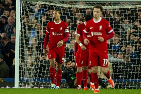 LIVERPOOL, ENGLAND - Wednesday, April 24, 2024: Liverpool's captain Virgil van Dijk looks dejected as Everton score their side's second goal during the FA Premier League match between Everton FC and Liverpool FC, the 244th Merseyside Derby, at Goodison Park. (Photo by David Rawcliffe/Propaganda)