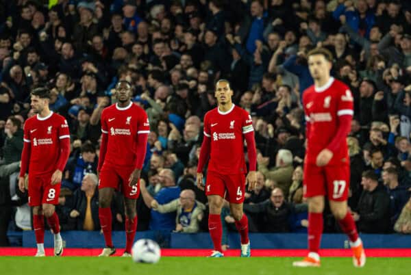 LIVERPOOL, ENGLAND - Wednesday, April 24, 2024: Liverpool's captain Virgil van Dijk looks dejected as Everton score their side's second goal during the FA Premier League match between Everton FC and Liverpool FC, the 244th Merseyside Derby, at Goodison Park. (Photo by David Rawcliffe/Propaganda)